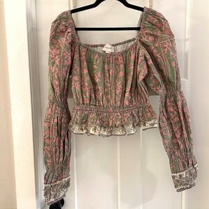 Cleobella S‎ Block Print Green Pink Floral Square Neck Peasant Top Puff Sleeve